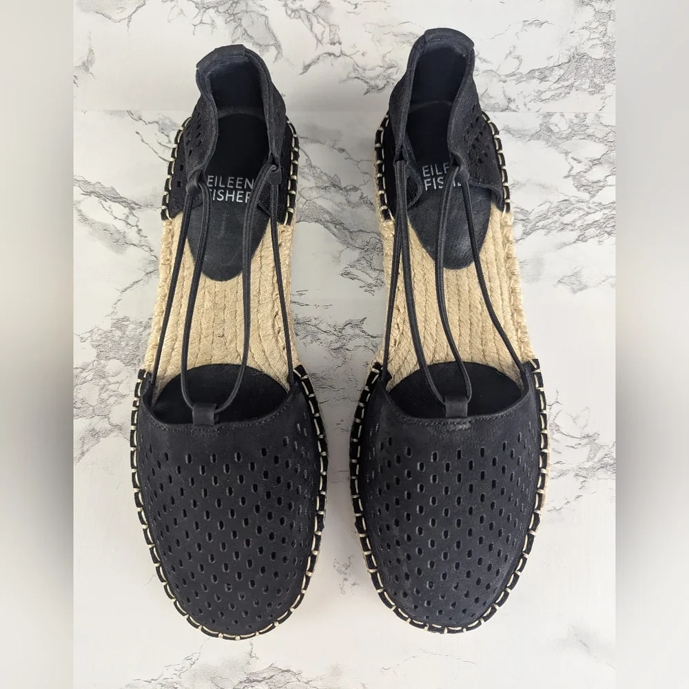 Eileen Fisher Black Perforated Suede Lace Espadrilles Size 7.5 - Picture 1 of 11